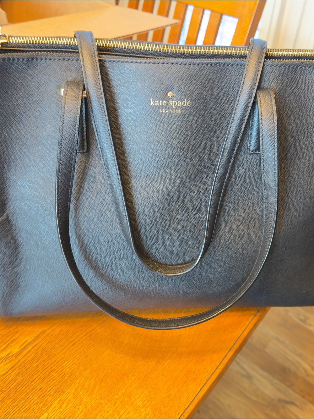Kate Spade Black Saffiano Leather Tote with Gold Logo. 14”x11”x 4.5”.